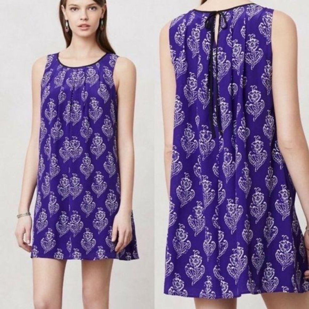 Anthropologie Maeve‎ Rosa Purple Silk Swing Dress Pedal Stamp Women's Medium